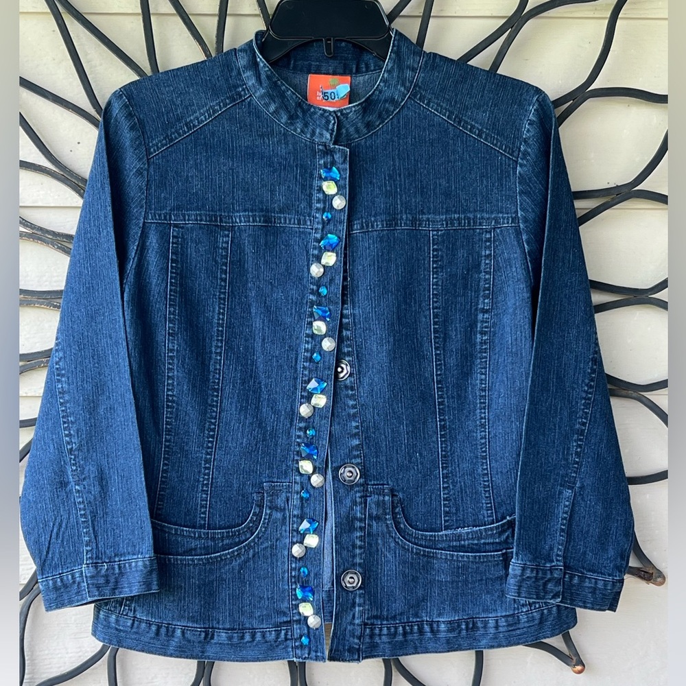 Women’s Heart of Palms Denim Jacket, size 8, faux jewels for embellishment
